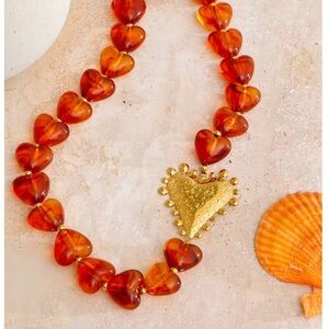 Anthropologie Bold Heart Statement Necklace Resin Beads Stainless Steel Pendant